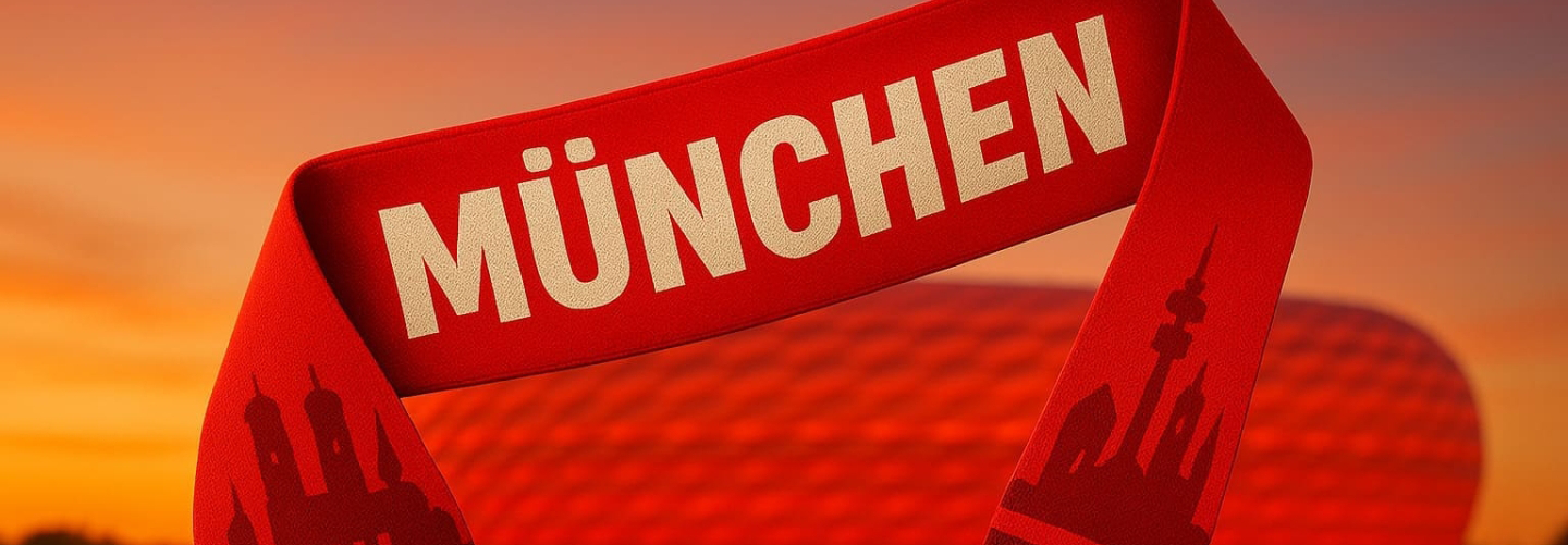 Bayern Fanschal in Rot mit Stadtsilhouette und...