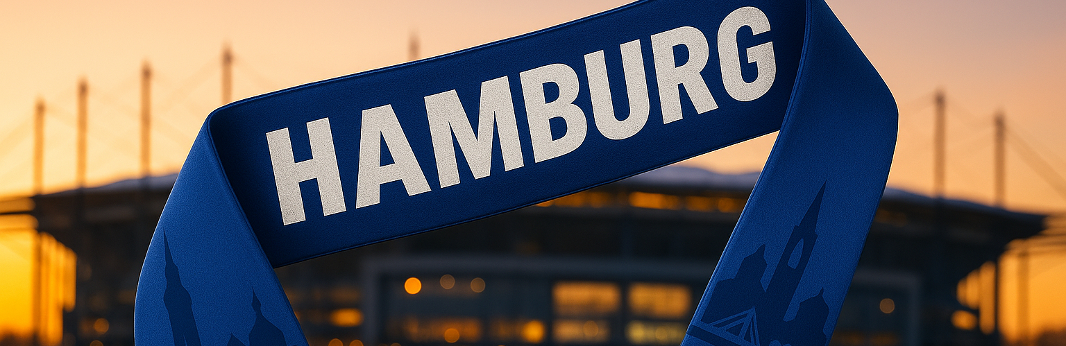 Hamburger Fanschal in Blau mit Stadtsilhouette vor dem...