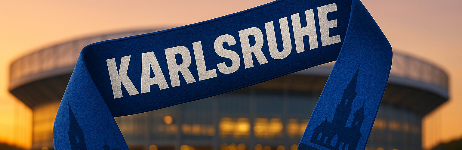 Karlsruher Fanschal in Blau mit Stadtsilhouette vor dem...