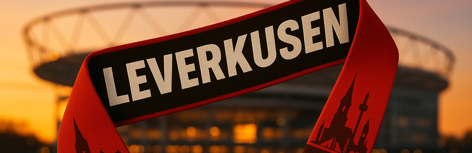 Leverkusen Schal in Rot-Schwarz mit Skyline vor der Arena...