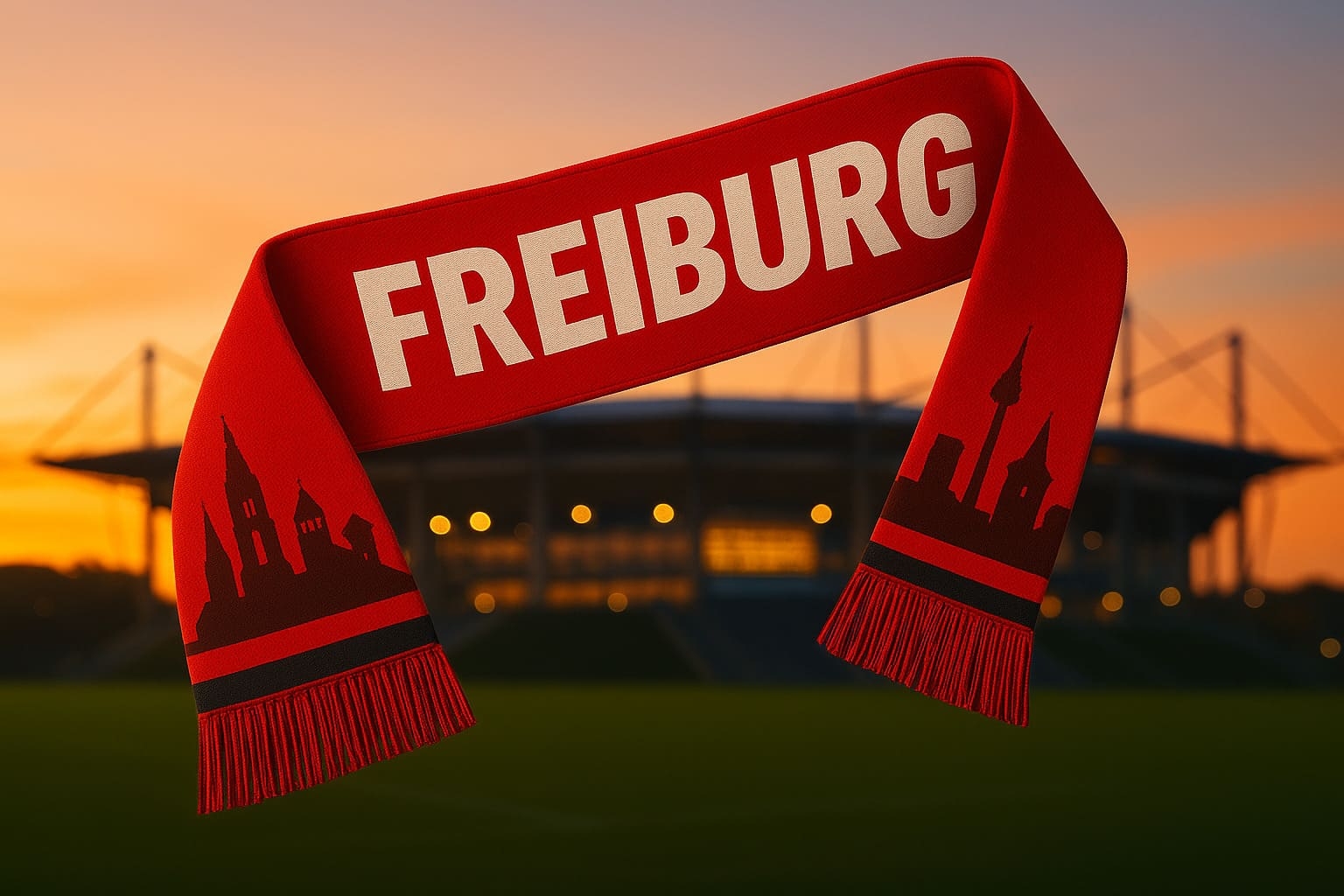 Freiburg Schal in Rot mit Stadtsilhouette vor dem Stadion...