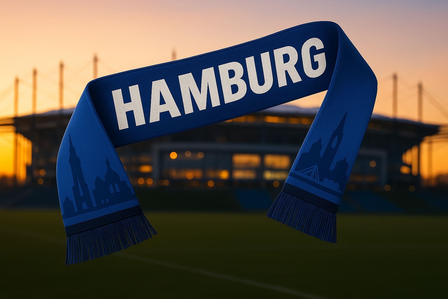 Hamburger Fanschal in Blau mit Stadtsilhouette vor dem...