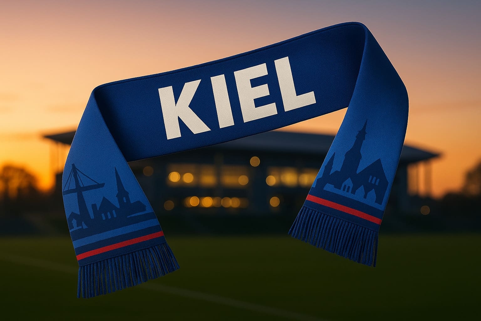 Kiel Fanschal in Blau mit Skyline vor Stadion bei...