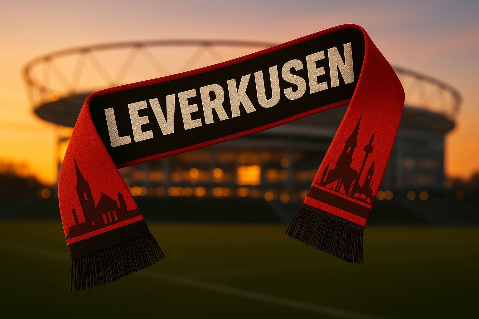Leverkusen Schal in Rot-Schwarz mit Skyline vor der Arena...