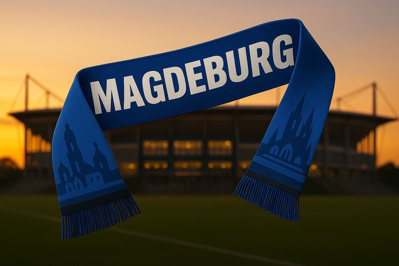 Magdeburg Fanschal in Blau mit Dom-Silhouette vor der...