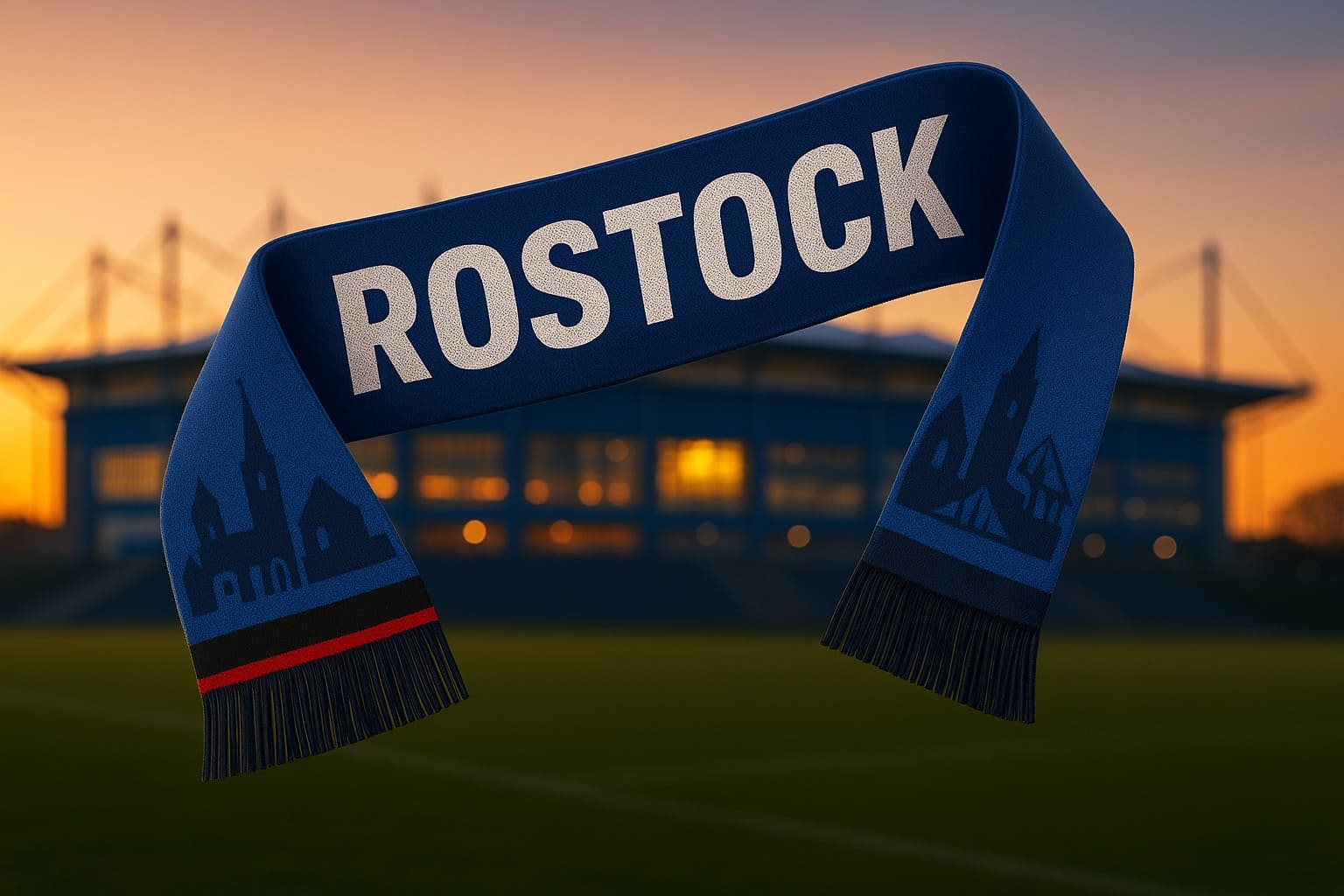 Rostock Fanschal in Blau mit Hafen-/Stadtsilhouette vor...