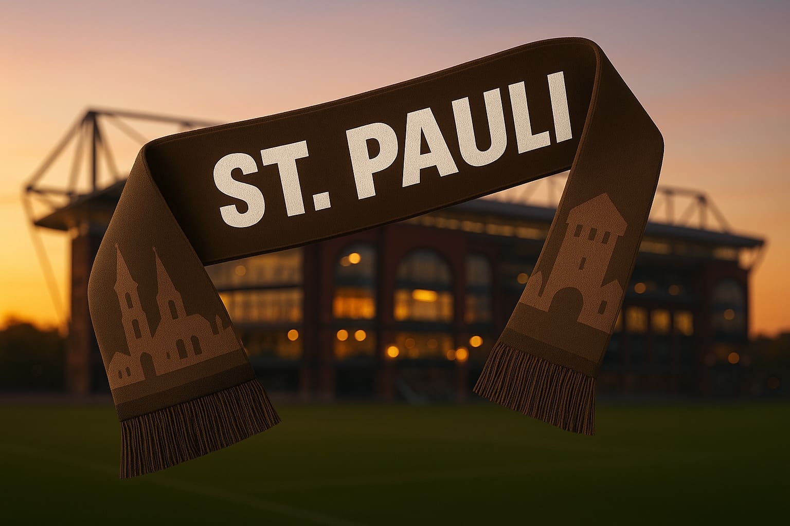 St. Pauli Schal in Braun mit Kiez-Silhouette vor dem...