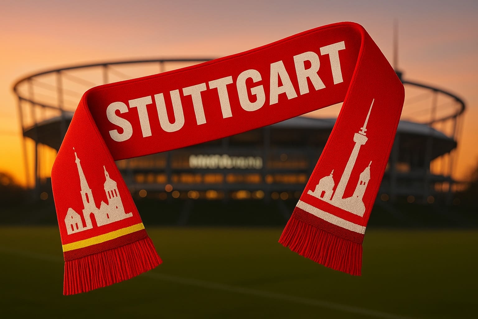 Stuttgart Fanschal in Rot mit Stadtsilhouette vor Stadion...